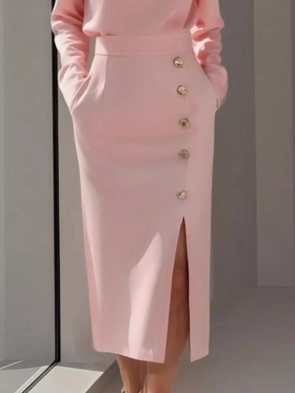 Round Neck Long Sleeve Button Detail Side Split Midi Dress 2
