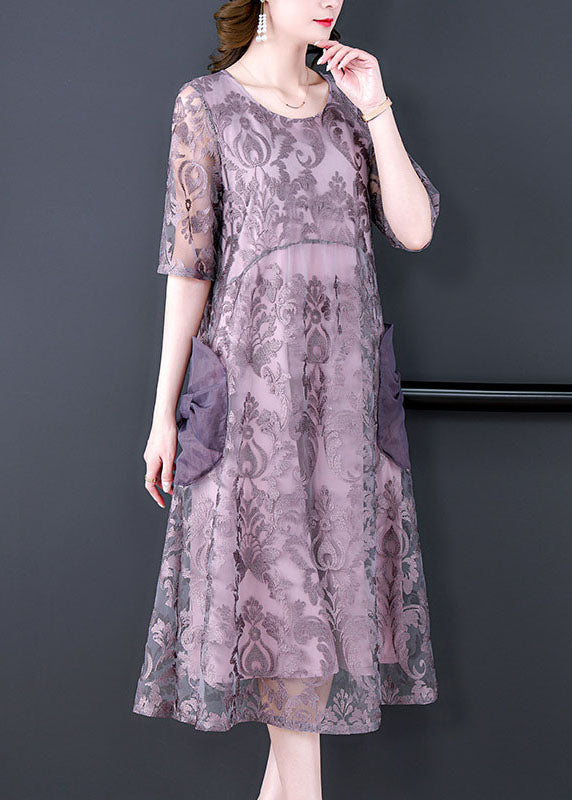 Burnout Damask Floral Mesh Overlay Round Neck Short Sleeve Layered Midi Dress