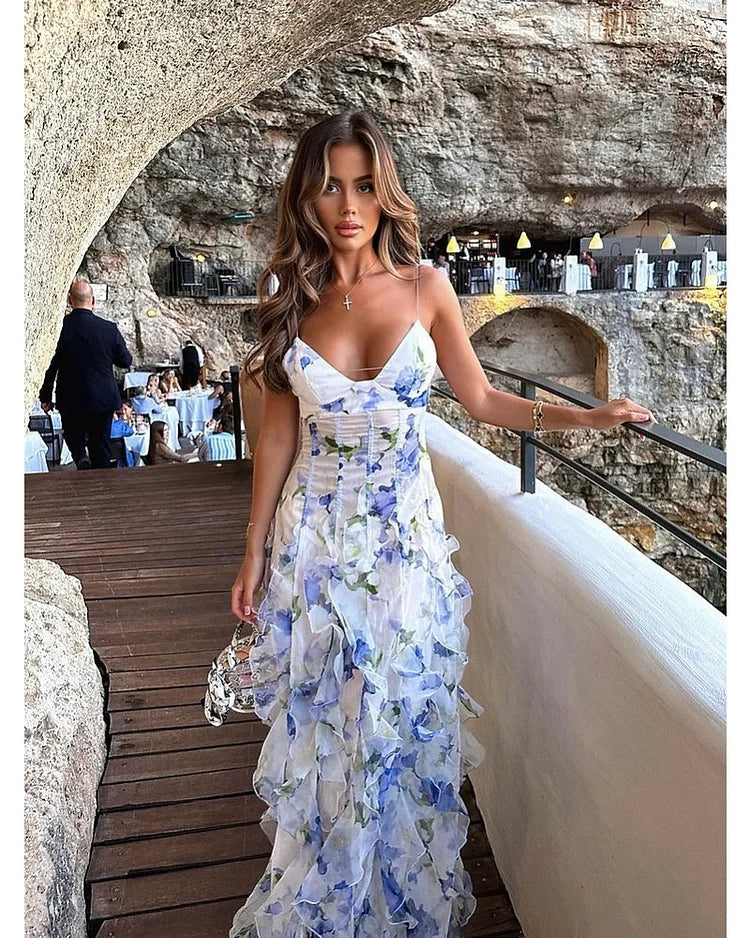 Floral Deep V-Neck Spaghetti Strap Corset Bodice Tiered Ruffle Maxi Dress