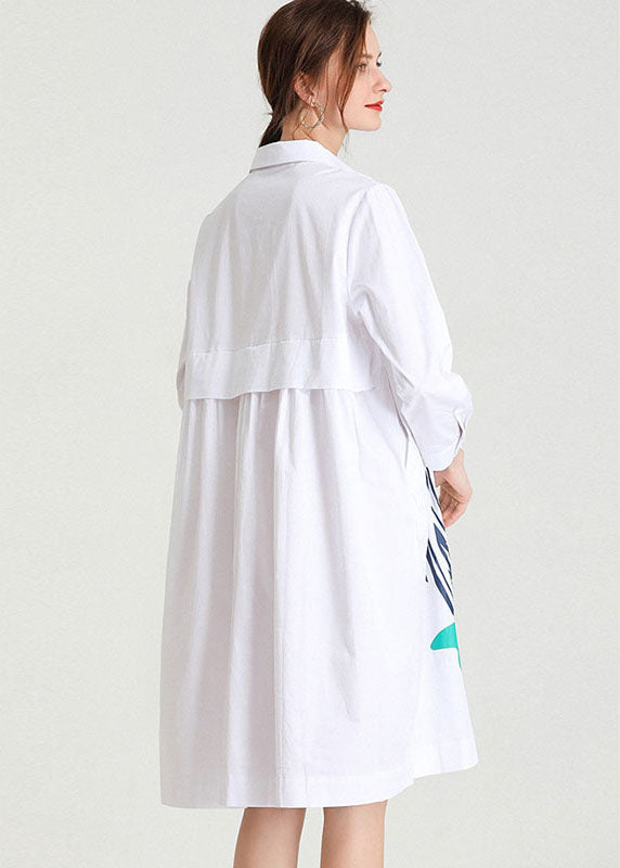 Color Block Graphic Print Collared Button Down Long Sleeve Empire Waist Shirt Dress