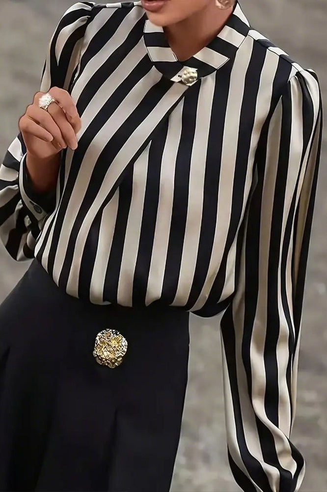Striped Plus Size Satin Gold Button Elegant Workwear Blouse
