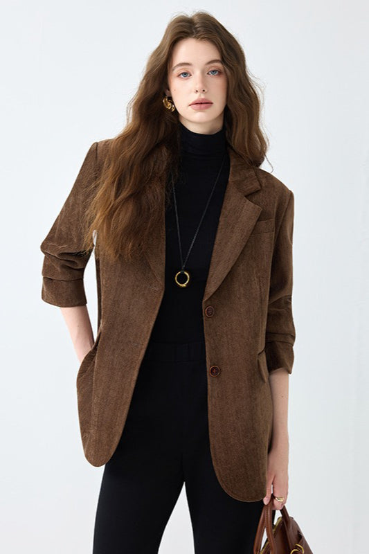 Oversized Corduroy Look Notch Lapel Two Button Flap Pocket Blazer 2