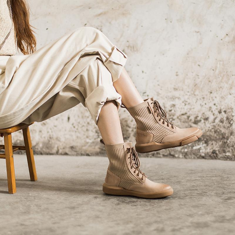 Matte Leather Combat Boots Lace Up Boots Short Plush Lined Or Leather For Choice Brown/Black /Beige