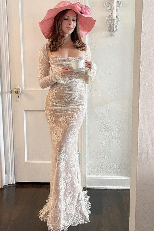 Floral Lace Ruched Long Sleeve Square Neck Mermaid Maxi Gown