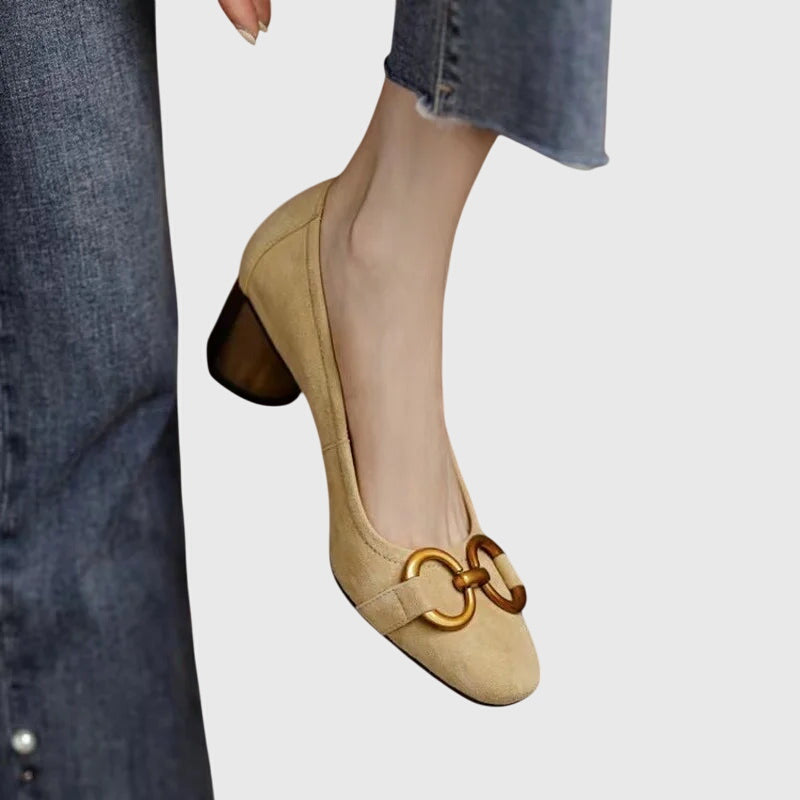 Square Toe Buckle Block Heel Pumps