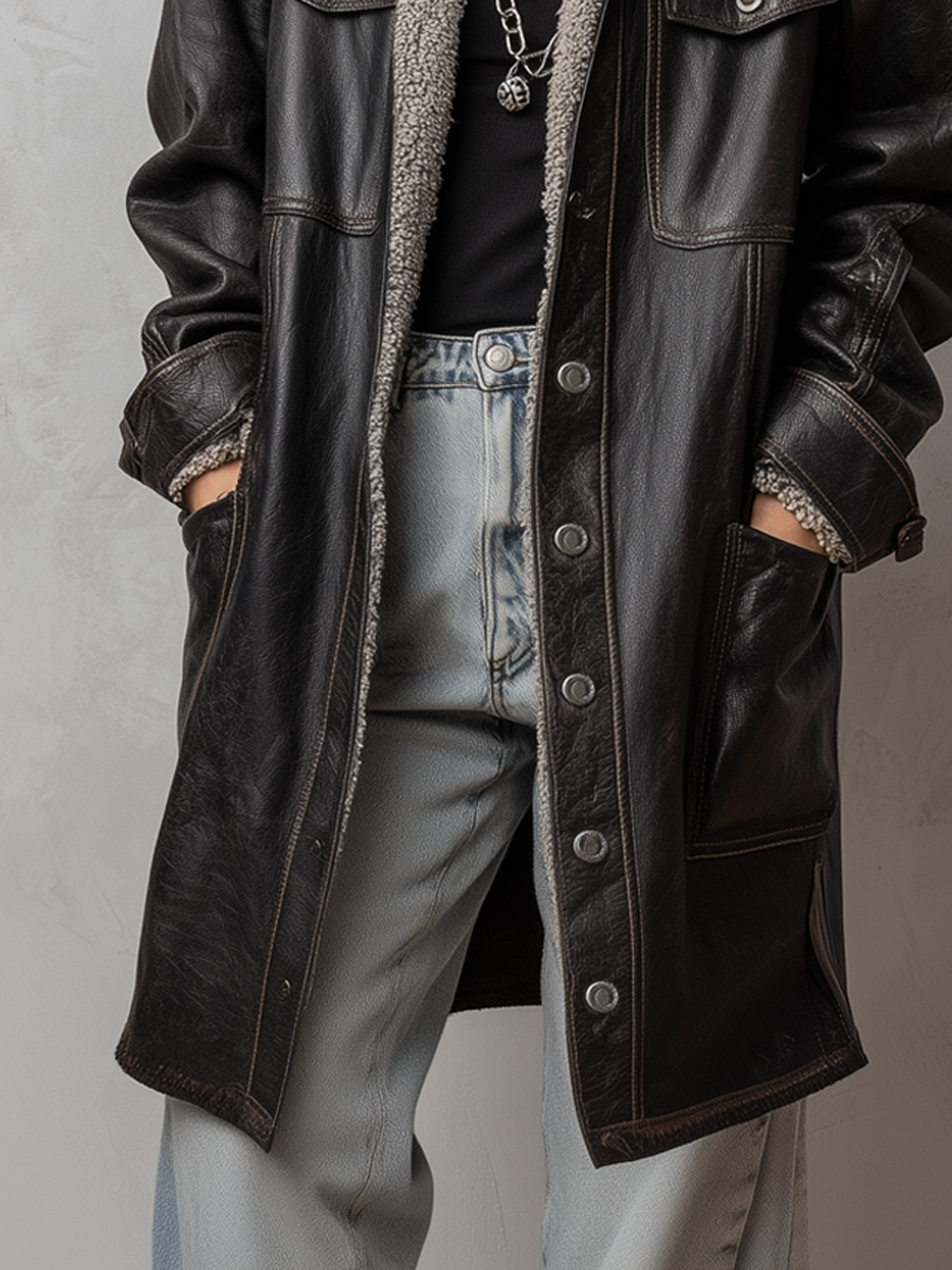 Casual Pocket Shearling Eco-friendly Leather Coat