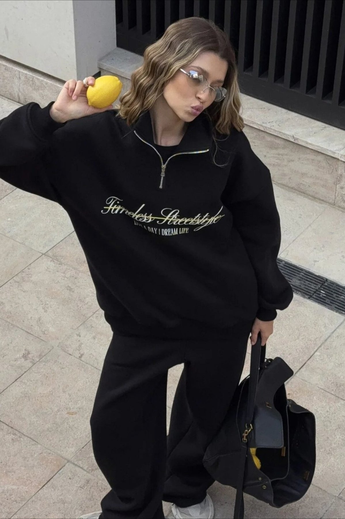 Half Zip Slogan Graphic Fleece Sweatshirt and Wide Leg Pants Two Piece Set 5