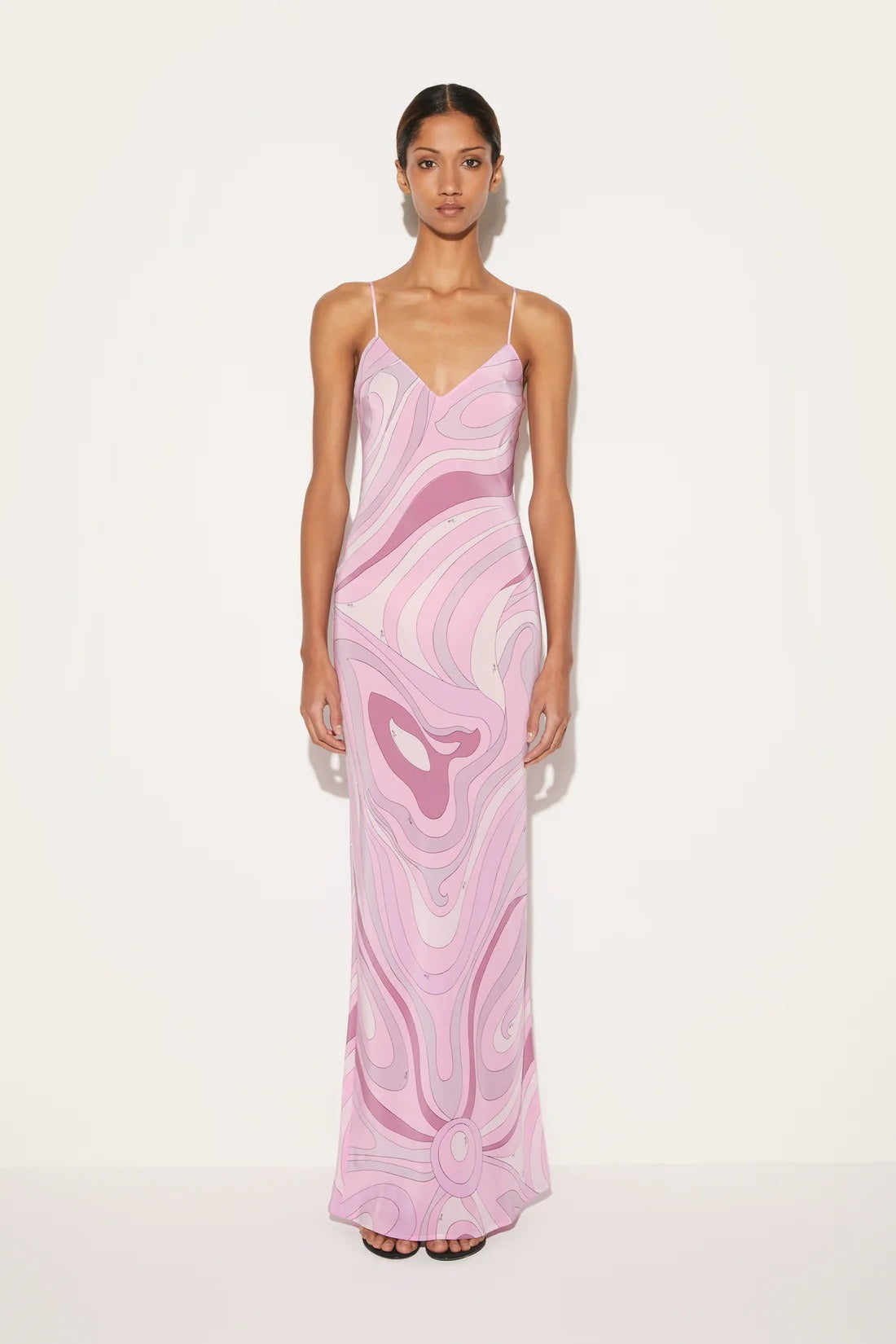 Spaghetti Strap Deep V-Neck Abstract Print Satin Slip Maxi Dress