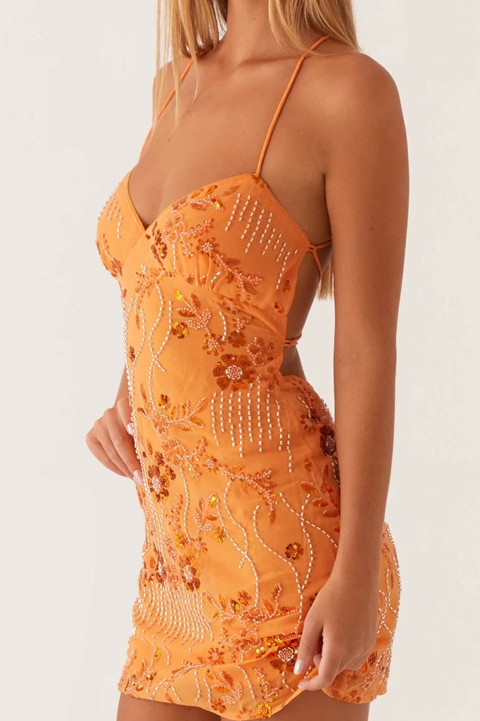 Floral Sequin Spaghetti Strap Sweetheart Bodycon Mini Dress