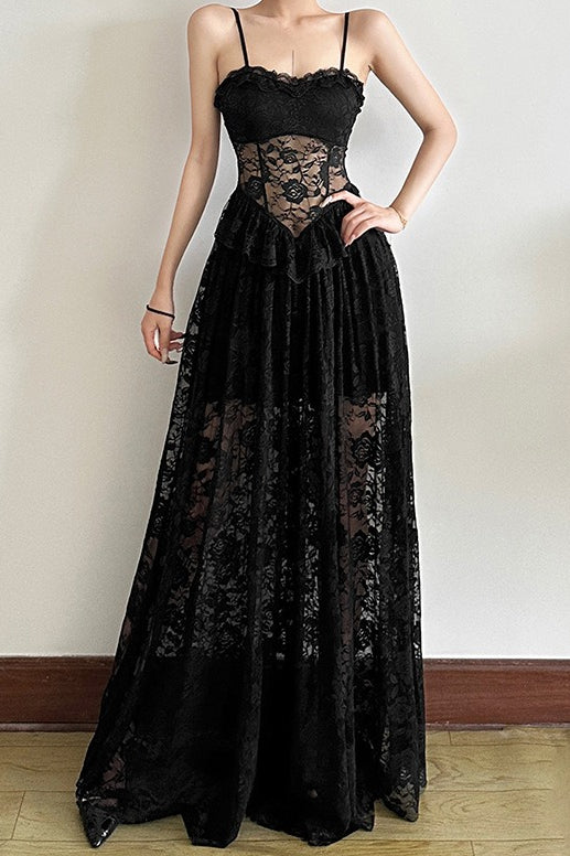 Sleeveless Ruffled Waist Maxi Lace Dress 2