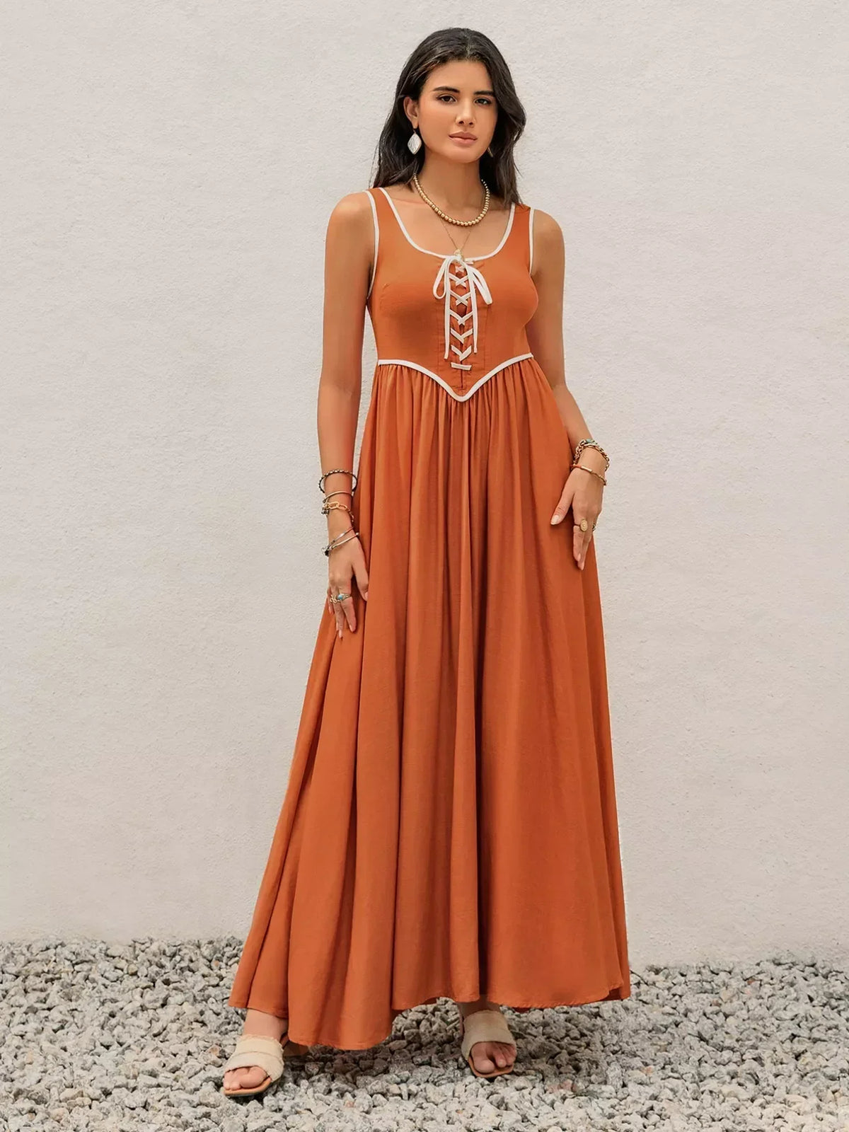 Contrast Trim Lace Up Front Sleeveless Pleated Maxi Tank Dress 3