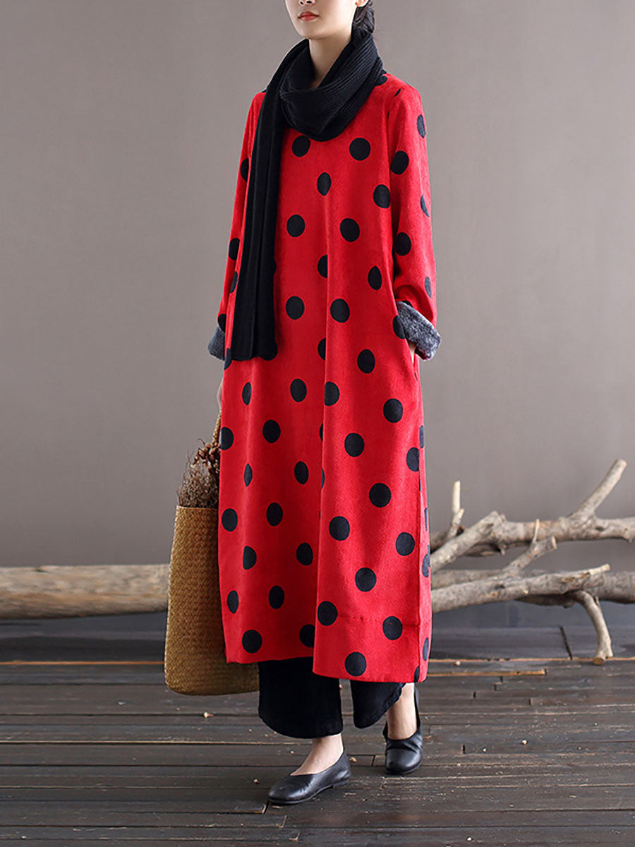 Polka Dot Corduroy Crew Neck Long Sleeve Oversized Midi Dress