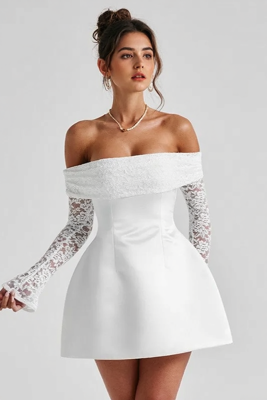Lace Off Shoulder Long Sleeve A Line Party Dress
