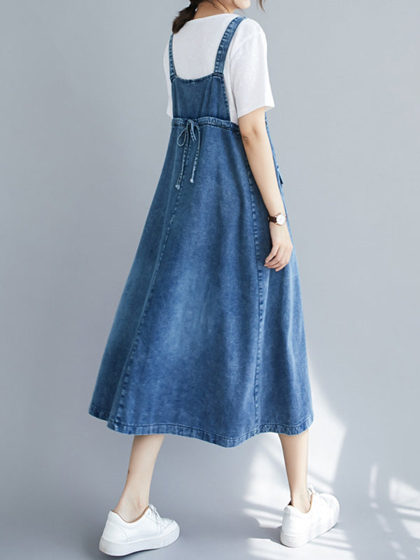 Denim Bib Strap Cargo Pocket Loose Fit Midi Overall Dress