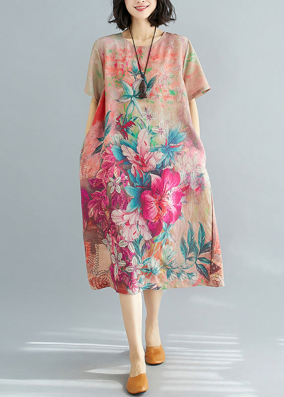 Floral Print Crew Neck Short Sleeve Pocket Oversized Midi Dress