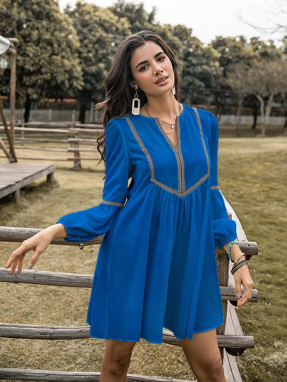 Embroidered Tape Trim Notch Neck Long Sleeve Smock Mini Dress 15
