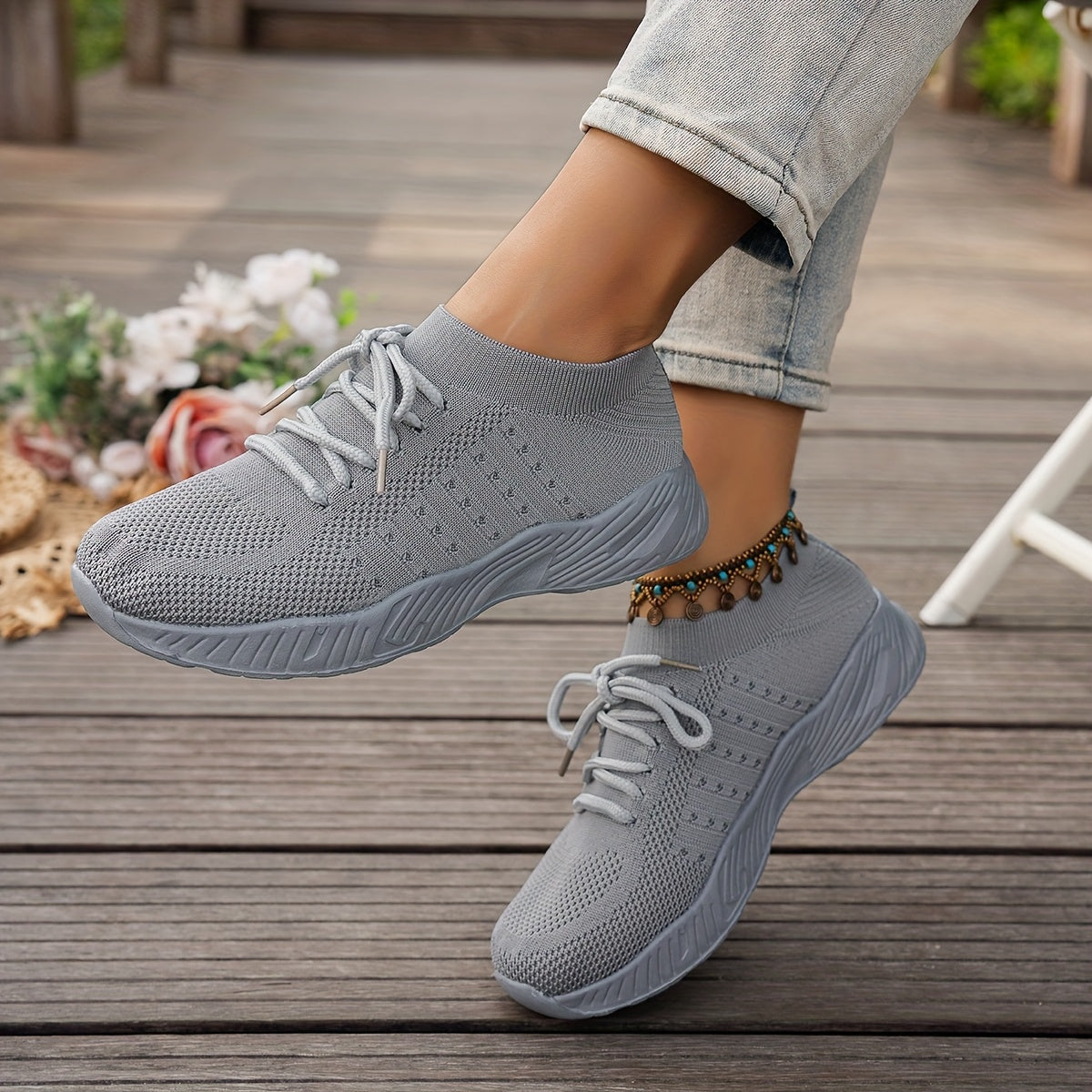 Knit Mesh Lace Up Thick Sole Sneakers