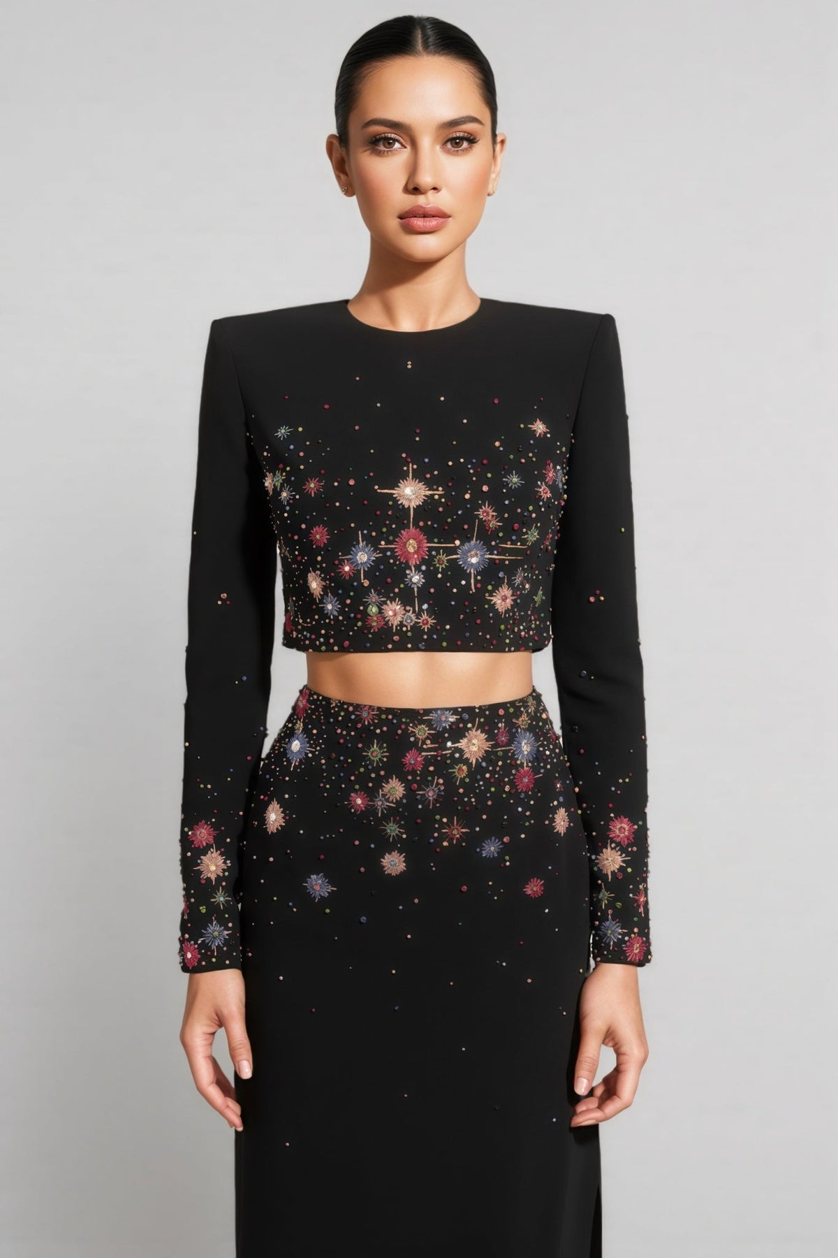 Beaded Long Sleeve Crop Top and Split Maxi Skirt Two Piece Set 2