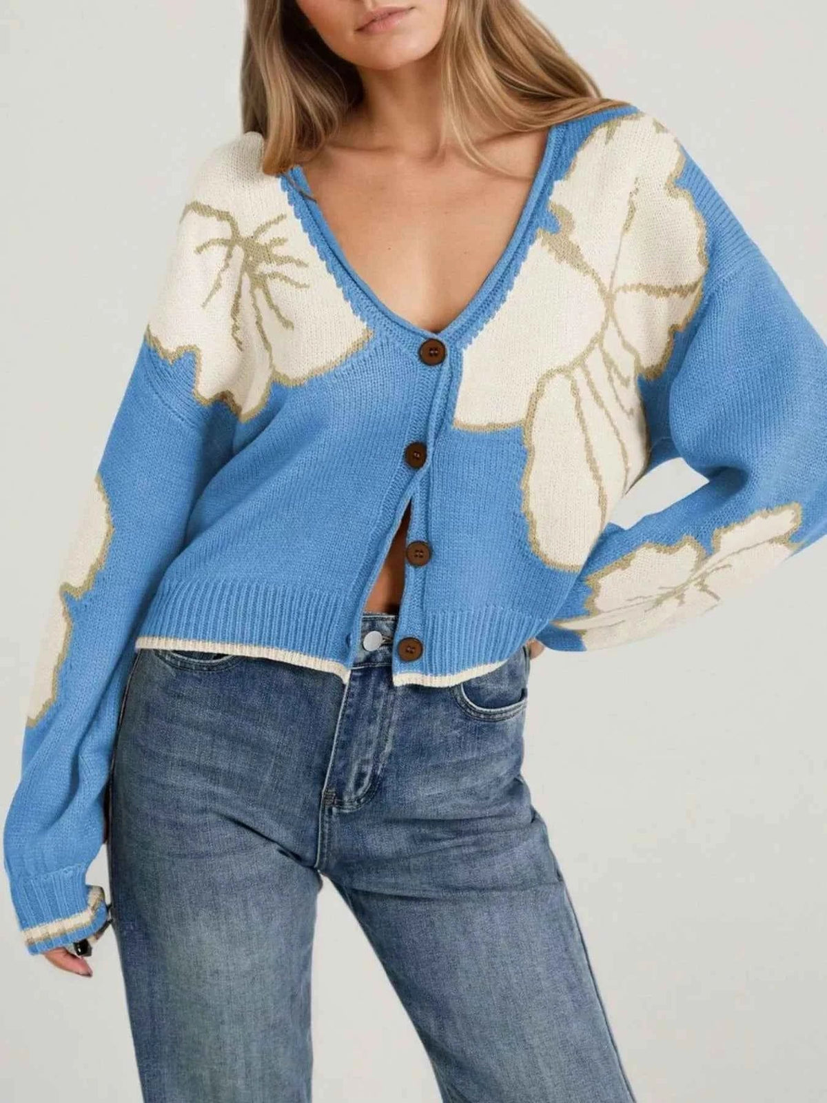 Floral Pattern V-Neck Button Front Drop Shoulder Cropped Knit Cardigan 9