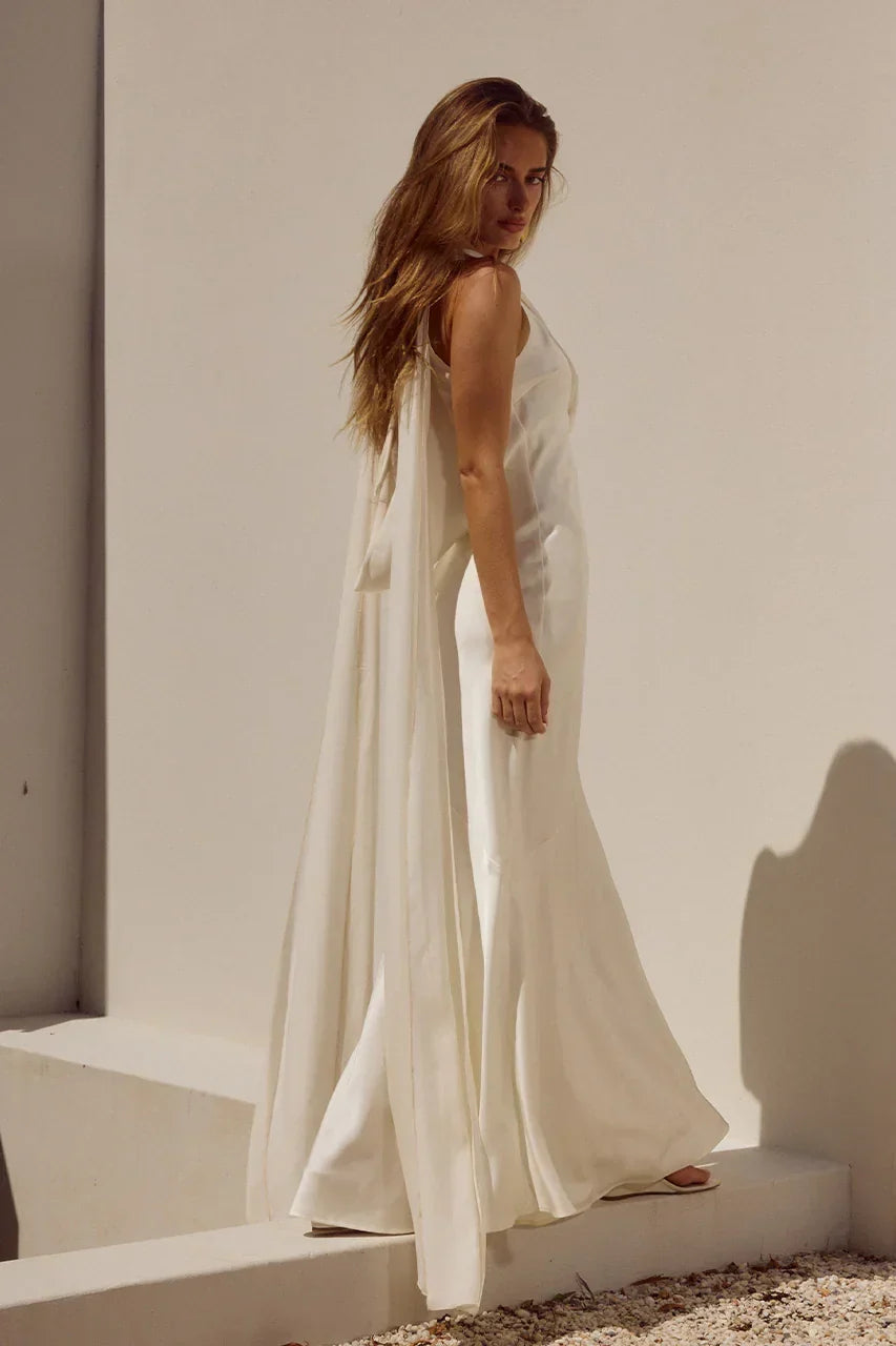 Satin Cowl Neck Sleeveless Draped Back Cape Maxi Dress