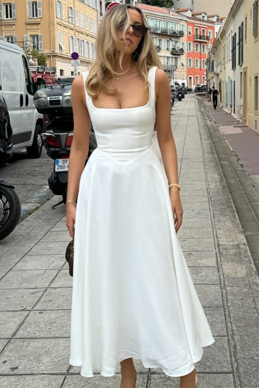 Square Neck Sleeveless Basque Waist A-Line Midi Cocktail Dress