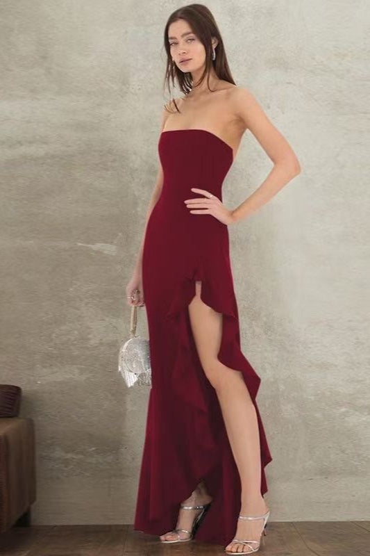 Strapless Ruffle High Slit High Low Maxi Dress