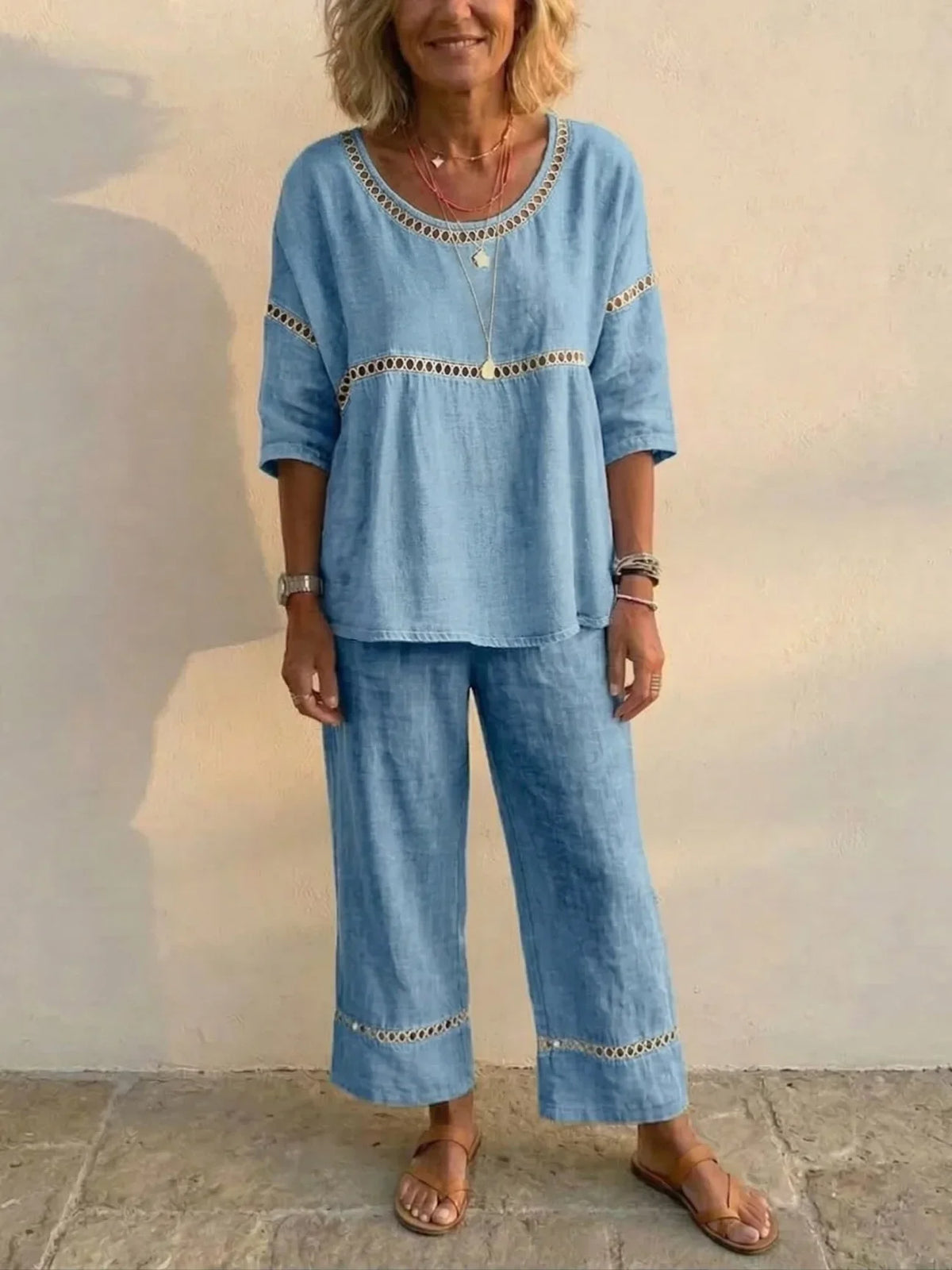 Crochet Cutout Trim Round Neck Top and Wide Leg Pants Two Piece Set