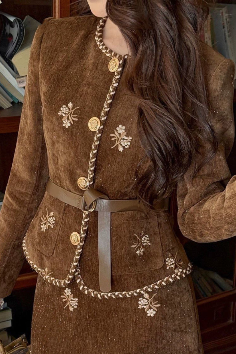 Boucle Style Corduroy Shirt Skirt Tweed Suit Set