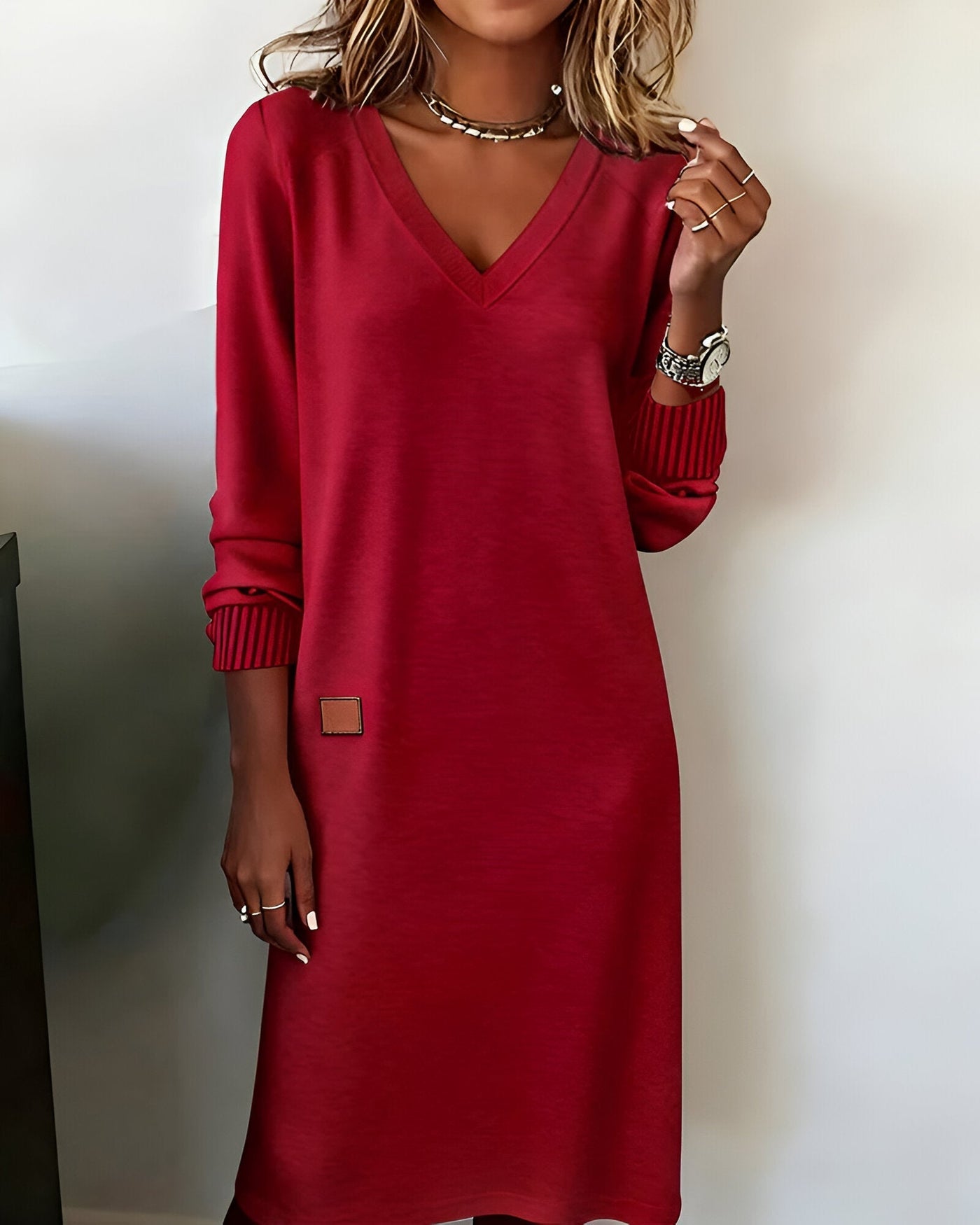 V-Neck Long Sleeve Ribbed Cuff Sweatshirt Mini Dress 7