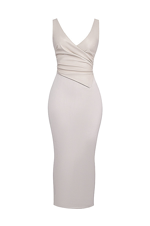 Faux Leather Wrap V-Neck Sleeveless Bodycon Maxi Dress 11