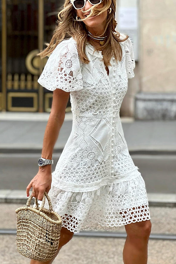 Crochet Eyelet Lace Flutter Sleeve Button Front Ruffle Hem Mini Dress