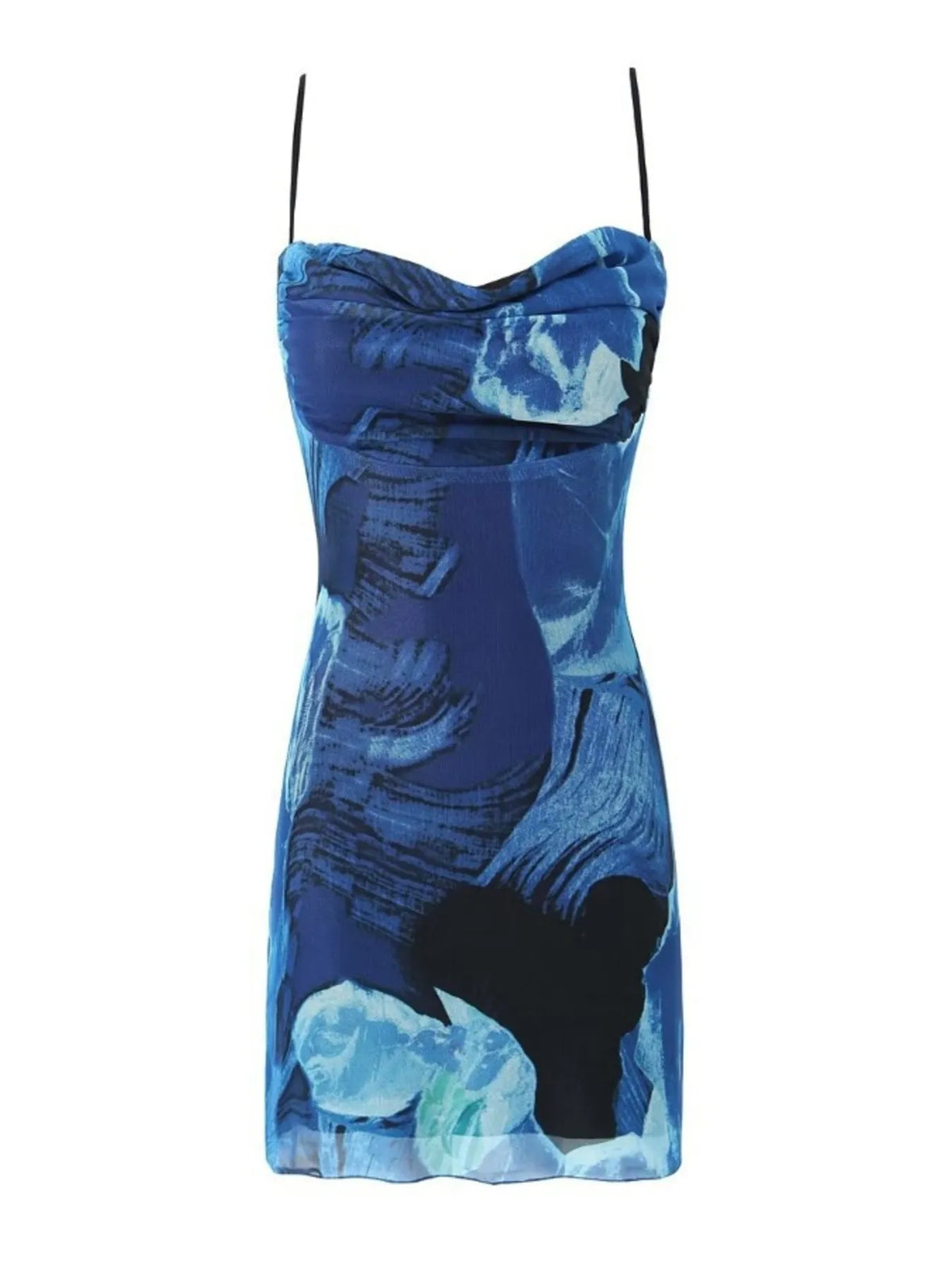 Abstract Print Mesh Cowl Neck Halter Cami Bodycon Mini Dress 8