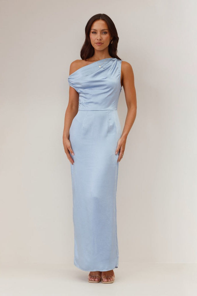 Satin One Shoulder Draped Column Maxi Dress