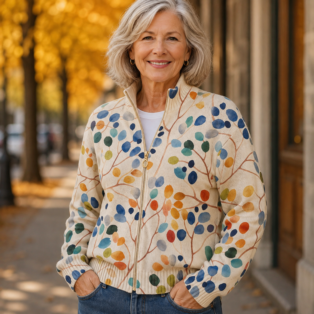 Botanical Leaf Print Zip Front Knit Cardigan
