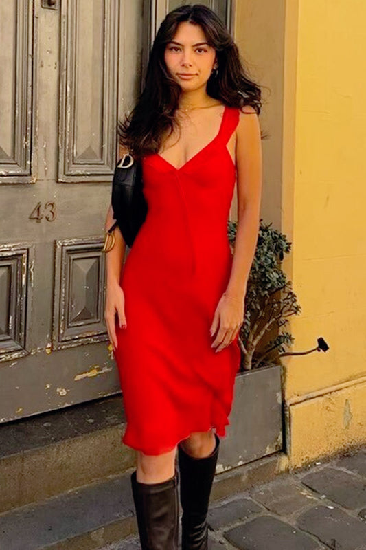 Satin V-Neck Wide Strap Bias Cut Slip Midi Dress