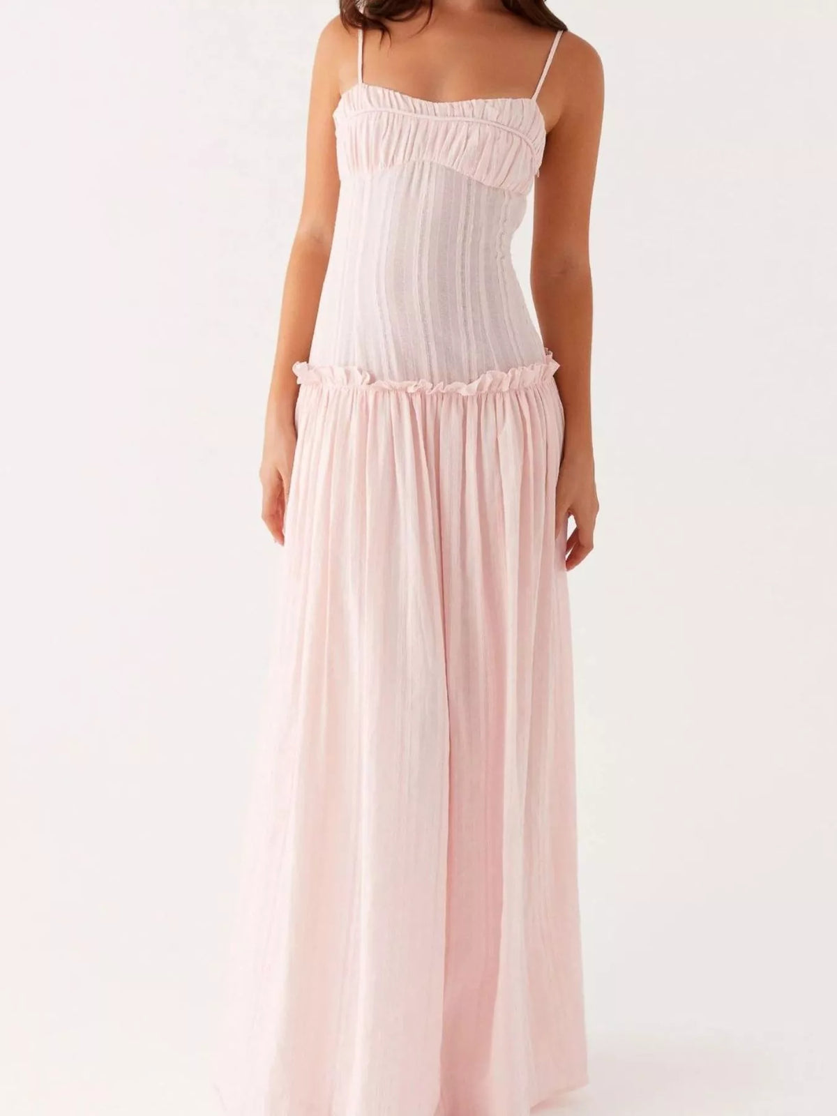 Ruched Bust Drop Waist Ruffle Trim Cami Maxi Dress 12