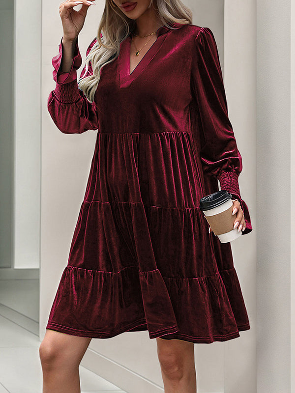 Velvet V-Neck Long Sleeve Tiered Mini Dress 8