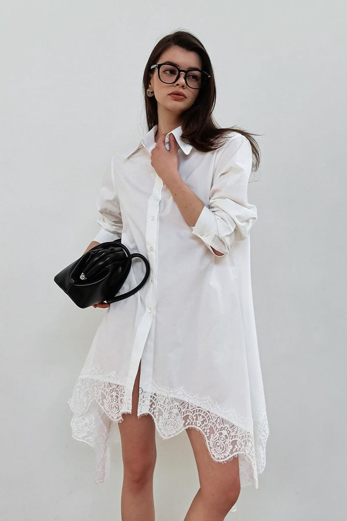 Soft Ruffled Lace Asymmetric Shirtdress Long Sleeve Mini Dress - View 2
