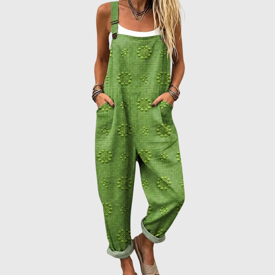 Textured Floral Dot Cuffed Pocket Overall Jumpsuit