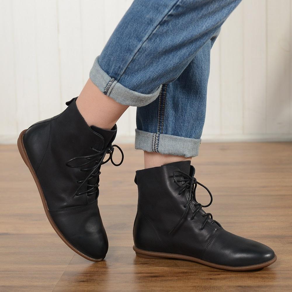 Oxfords For Women Lace Up Flat Sole Ankle Boots Handmade Waxing��Leather Boots Black/Brown