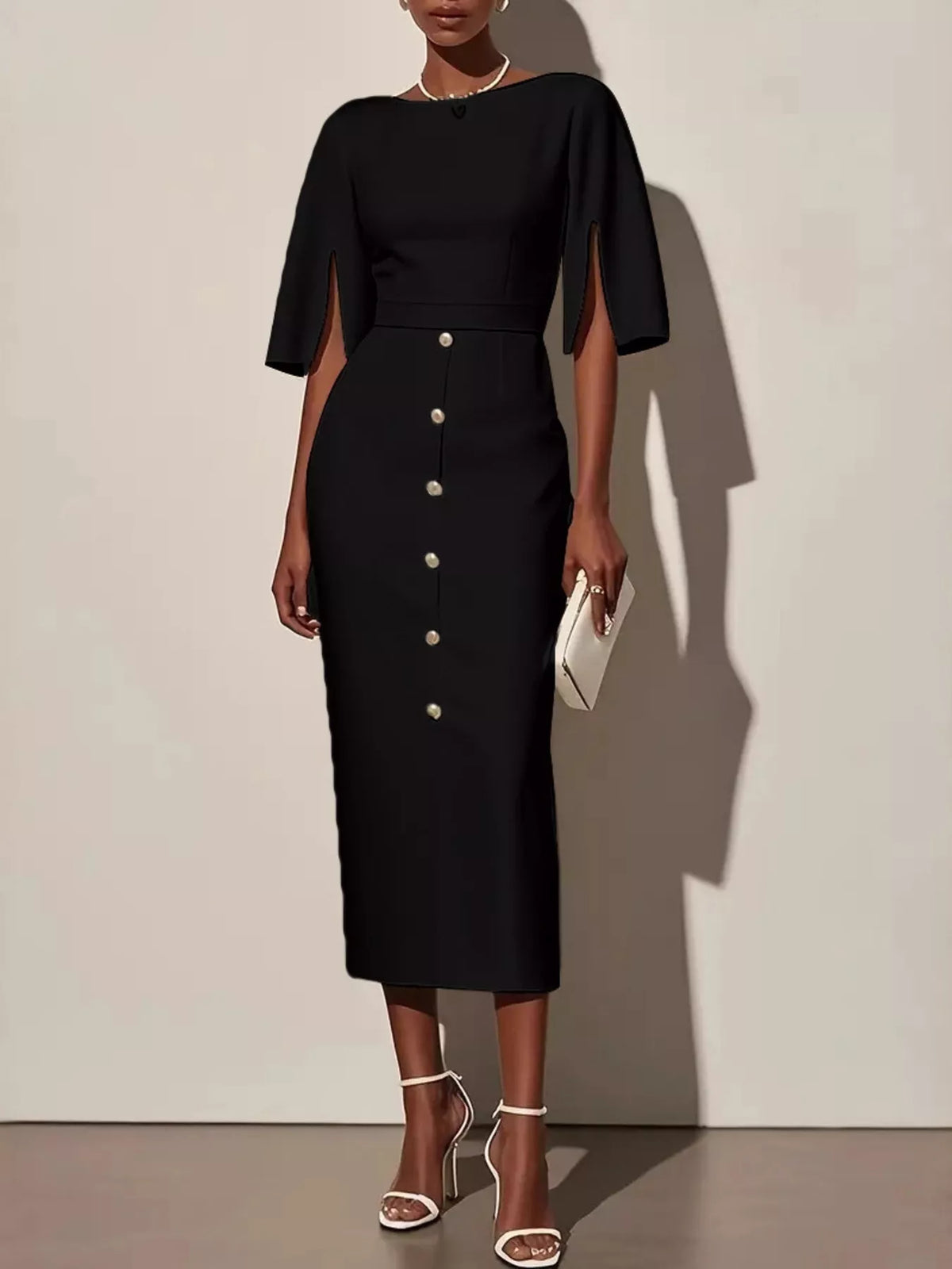 Boat Neck Split Sleeve Belted Button Front Pencil Midi Dress 4