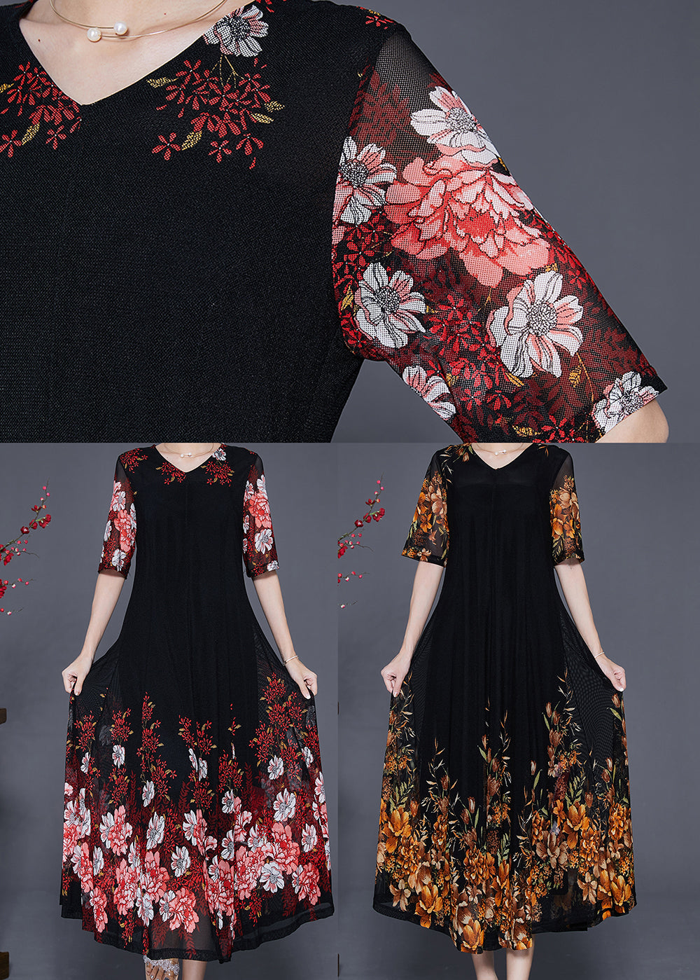 Mesh Elbow Sleeve V-Neck Band Hem A-Line Midi Dress