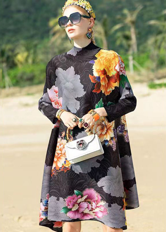 Floral Print Mock Neck Long Sleeve Crinkled Texture A-Line Midi Dress