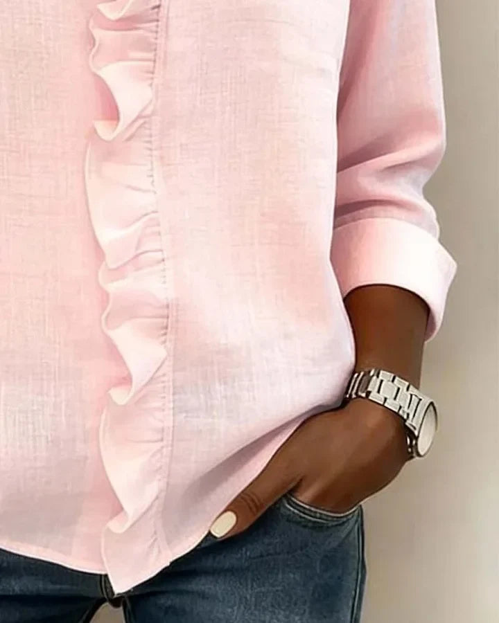 Ruffle Placket V-Neck Long Sleeve Blouse