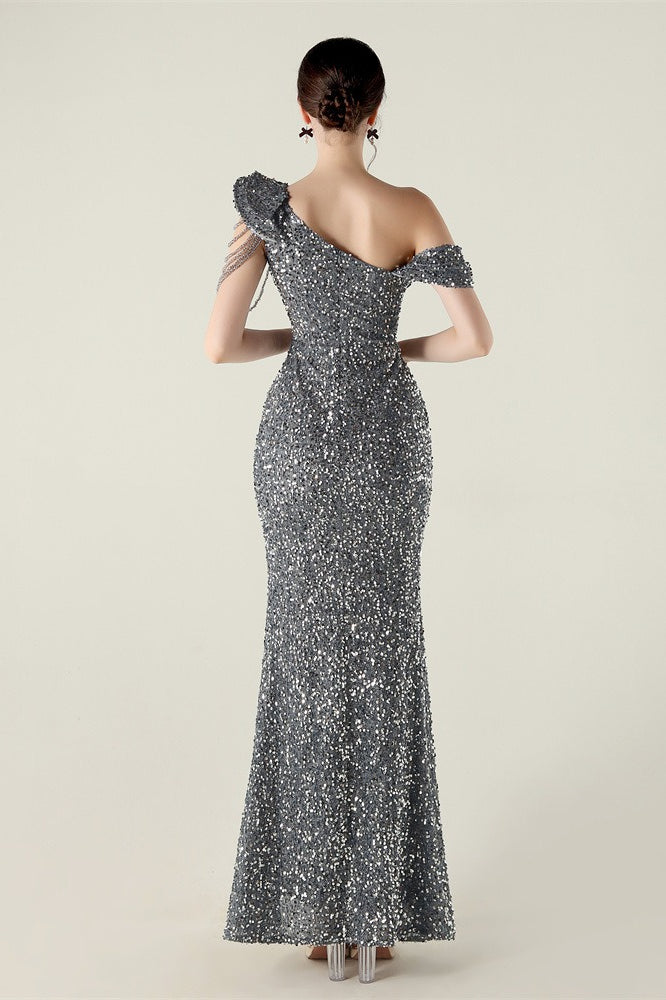 Sequin One Shoulder Ruffle High Split Mermaid Gown