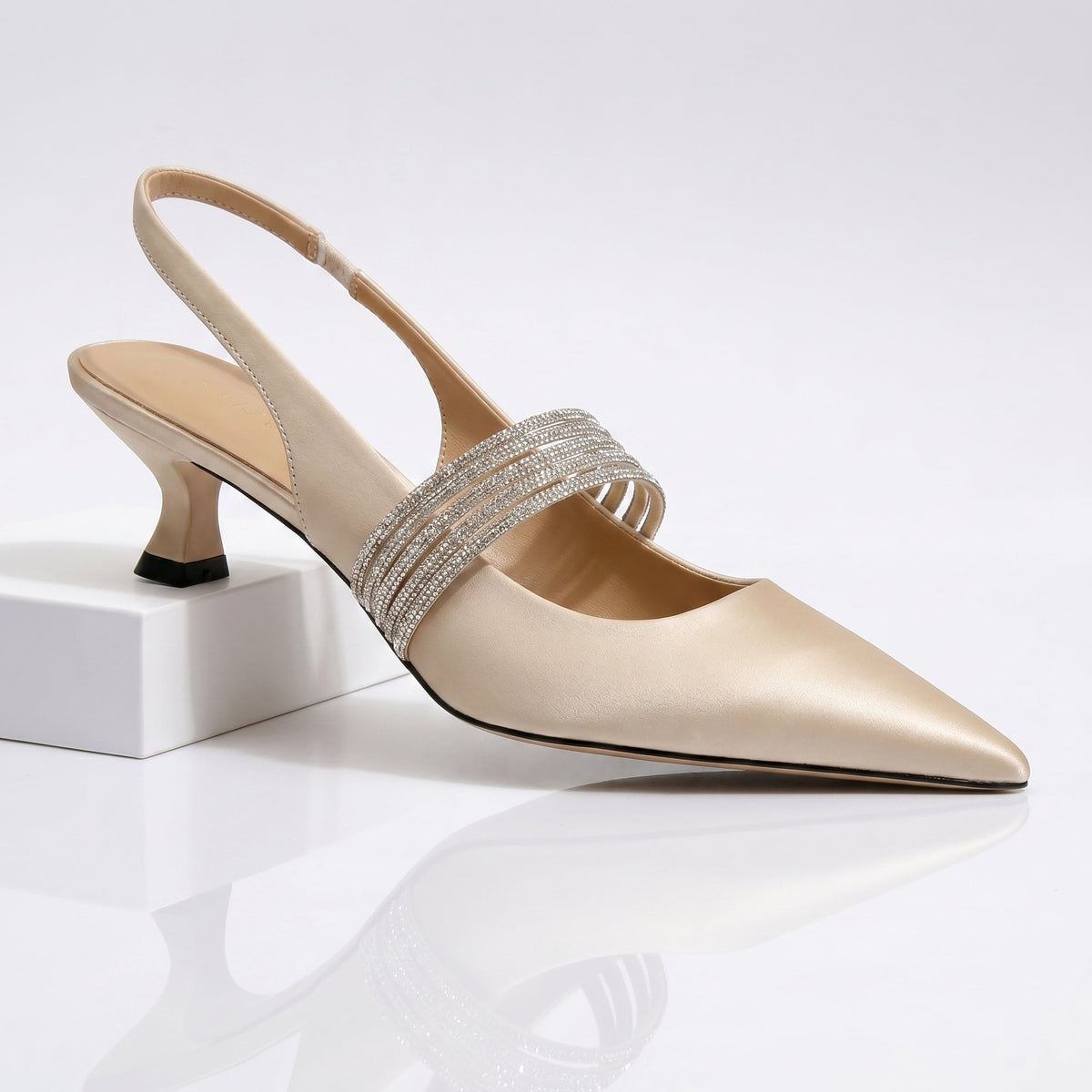 Pointed Toe Rhinestone Slingback Kitten Heel Pumps