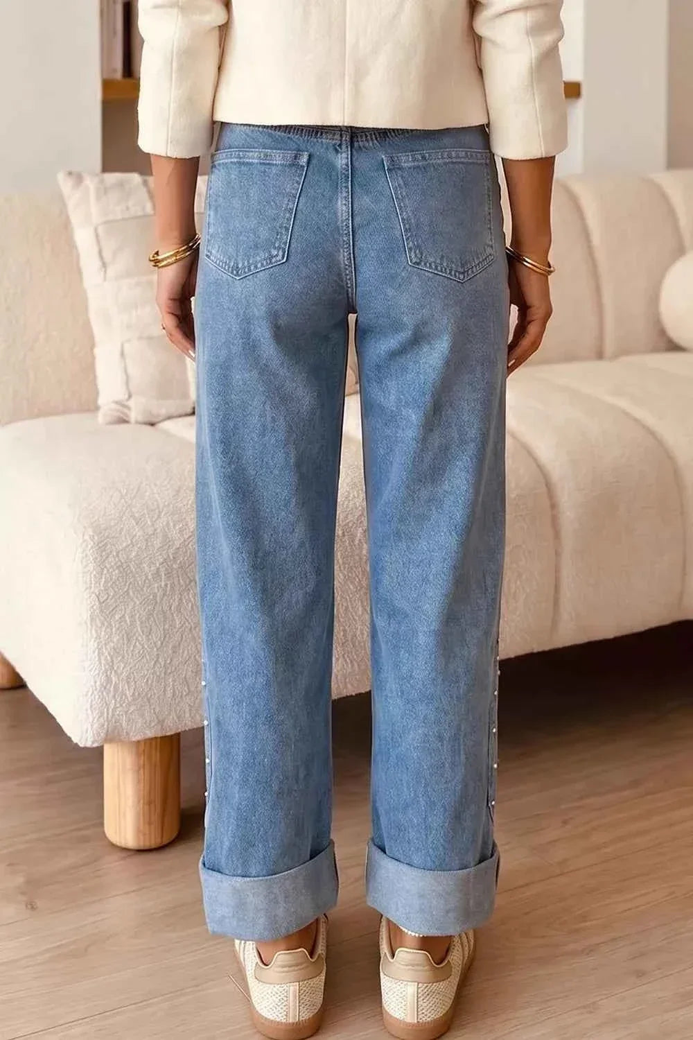 High Waist Studded Side Seam Cuffed Straight Leg Jeans 2