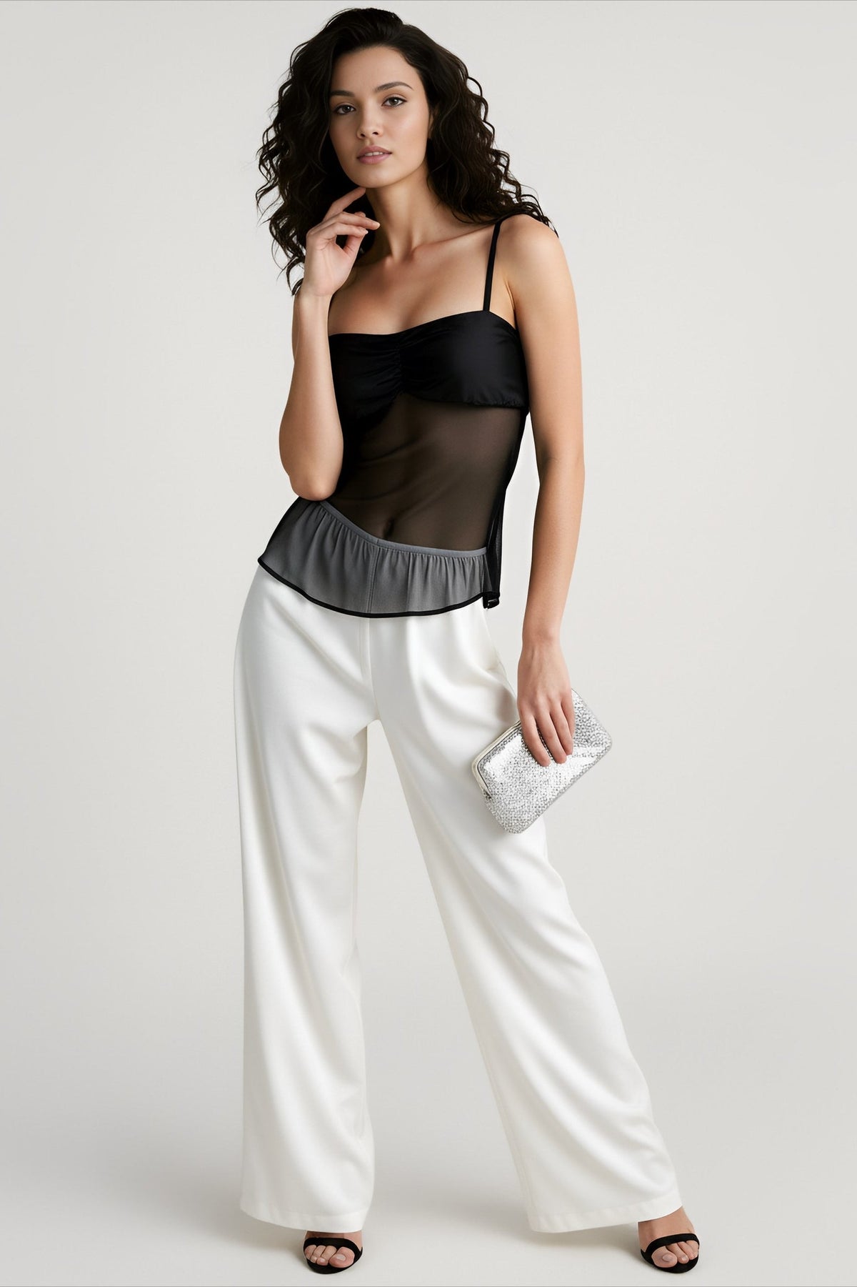 Sheer Mesh Ruched Bust Ruffle Hem Spaghetti Strap Cami Top 4
