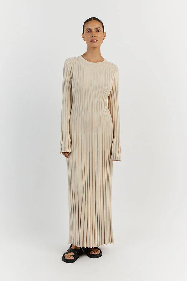 Ribbed Knit Crew Neck Long Sleeve Slim Fit Column Maxi Dress
