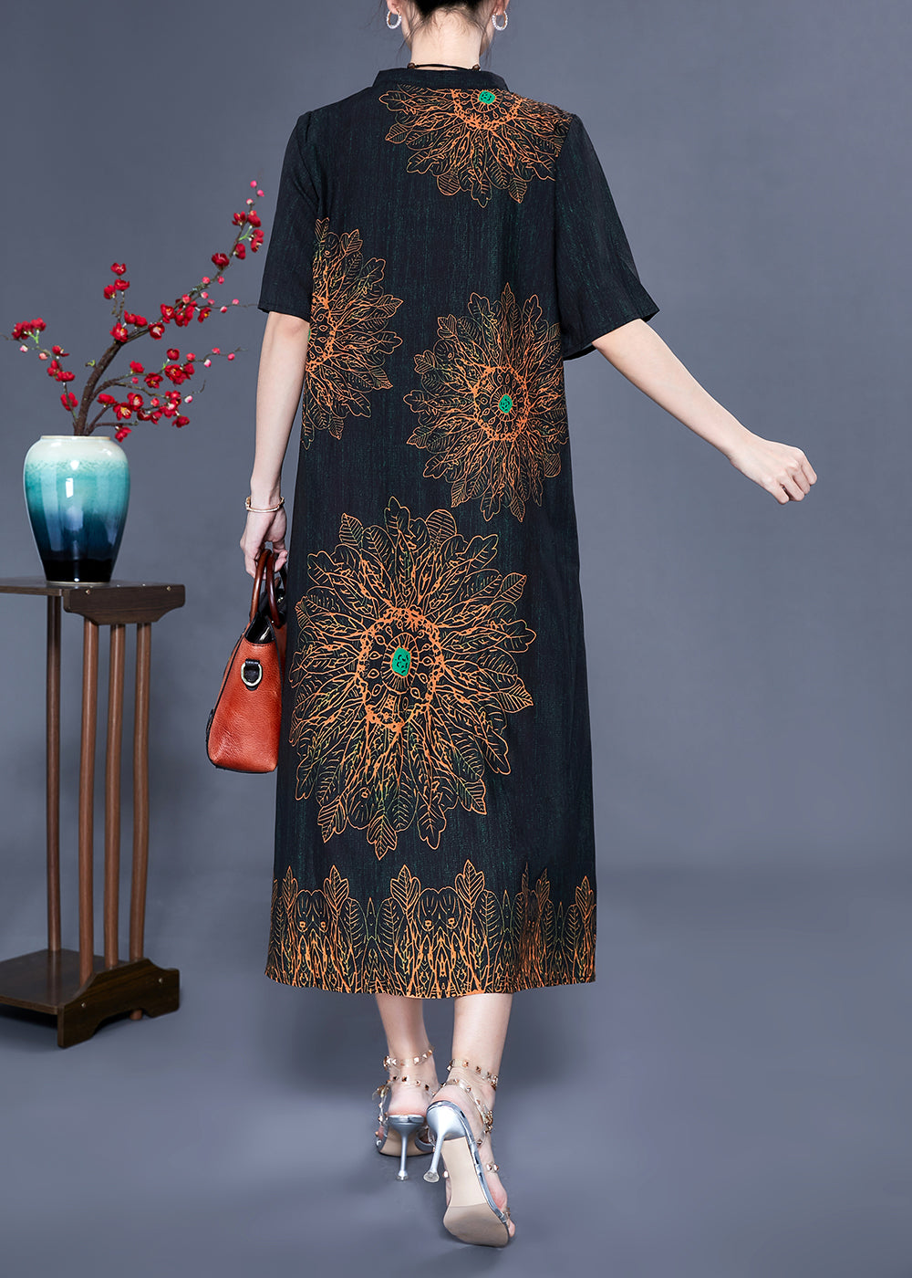 Floral Print Mandarin Collar V-Neck Short Sleeve Pocket A-Line Midi Dress